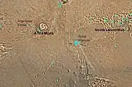 Map of Phoenicis Lacus quadrangle with major features labeled. This area contains two large volcanoes, Pavonis Mons and Arsia Mons, as well as the famous Noctis Labyrinthus canyon system.