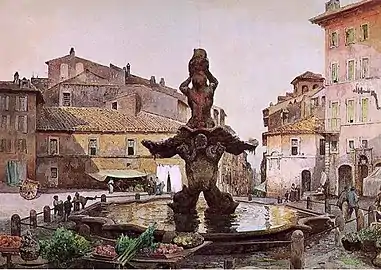 Piazza Barberini, painted by Ettore Roesler Franz around 1880, featuring the Triton Fountain.