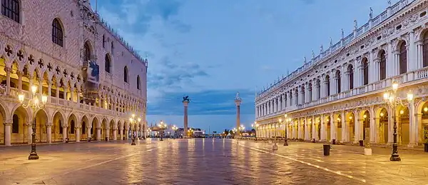 Image 3View of Piazzetta San Marco toward Grand Canal of Venice, at dawn, with Doges' Palace on the left and Biblioteca Marciana on the right.