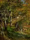 Jules Le Coeur and his dogs in the forest of Fontainebleau (1866) by Pierre-Auguste Renoir