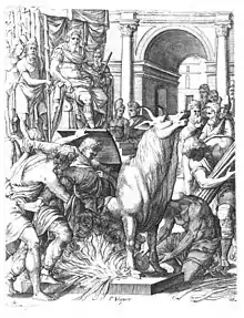 Image 20Perillos being forced into the brazen bull that he built for Phalaris (from List of mythological objects)