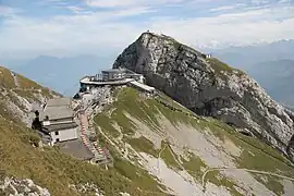 A view of the Hotel and Restaurant, the cog railway top station, and the Esel peak in the back