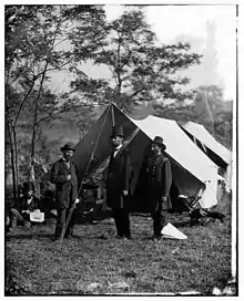 Abraham Lincoln, Allan Pinkerton and John Alexander McClernand, visiting the Antietam battlefield, 1862.