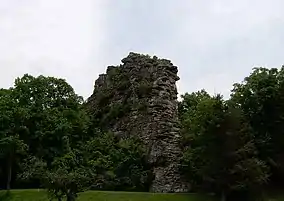 A columnar rock outcrop surrounded by a green forested hill.