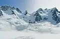 Pioneer Peak (left) and Adamant Mountain (right)."The Stickle" is the pinnacle between them.