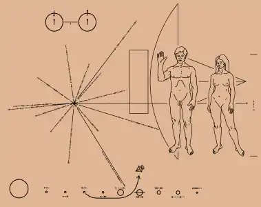 The Pioneer plaques are a pair of gold-anodized aluminium plaques placed on board the 1972 Pioneer 10 and 1973 Pioneer 11 spacecraft, featuring a pictorial message in case they are rediscovered