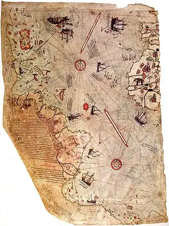 Image 16Surviving fragment of the first World Map of Piri Reis (1513) showing parts of the Americas. (from History of cartography)