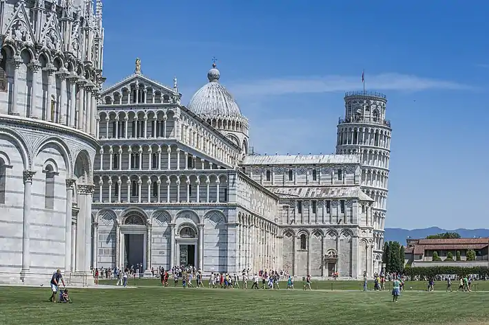 The Baptistery (in the foreground), the Cathedral (in the middleground), and the Leaning Tower of Pisa (in the background)