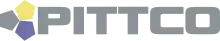 Three pentagons in yellow, blue, and gray with a gray Pittco text next to it, flattened