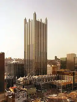 PPG Place, built from 1981 to 1984, bounded by Forbes Avenue and the Boulevard of the Allies on its north and south sides, and Stanwix and Wood Streets to its east and west.