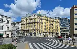 Three Crosses Square is the westernmost part of Frascati. The Warsaw Stock Exchange is to the right.