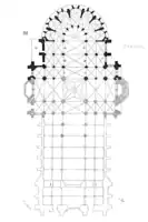 Floorplan; the lighter section in the lower half shows the nave (never constructed)