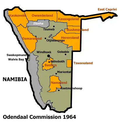 Allocation of Land to bantustans according to the Odendaal Plan. East Caprivi is in the top right corner.