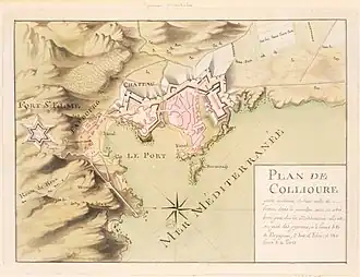 Sepia-toned map shows Collioure and Fort Saint-Elme in the 18th century.