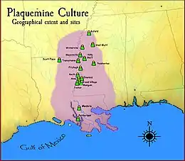 Image 44A map showing the geographical extent of the Plaquemine cultural period and some of its major sites. (from History of Louisiana)