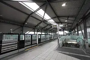 Xinzhuang Fuduxin metro station on the Taoyuan Airport MRT. Many stations on the Taoyuan Airport MRT use side platforms. Xinzhuang District, New Taipei City, Taiwan.