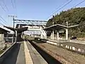 A view of the platforms and tracks. Note the platform to the right was once an island but one of its tracks has been removed.