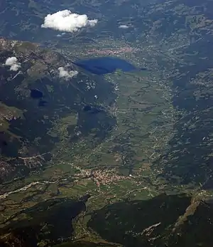 Towns of Gusinje (front) and Plav (background), seen from air.