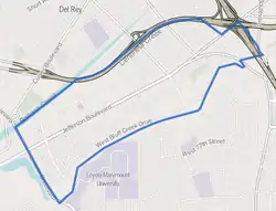 The neighborhood in which the majority of the Hughes Airport used to be; location of the runway is just south of where current day Jefferson Blvd runs