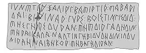 A drawing of a rectangle with Greek letters. It has a large crack on the left.