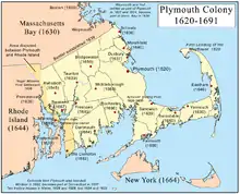 Image 40Early settlements and boundaries of the Plymouth Colony (from History of Massachusetts)