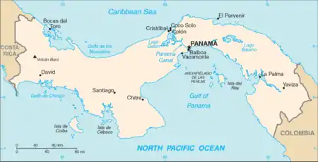 Image 4Panama's location between the Pacific (bottom) and the Caribbean Sea (top). (from History of Panama)