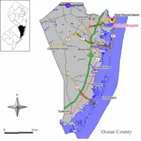 Map of Point Pleasant in Ocean County. Inset: Location of Ocean County highlighted in the State of New Jersey.