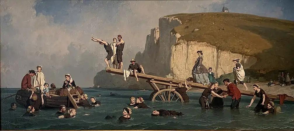 Bains de mer à Étretat (Sea Bathing at Étretat), 1866, Musée des beaux-arts de Troyes. The young man about to dive has been identified as Guy de Maupassant; the head at left is thought to be a self-portrait.