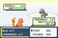 An orange lizard with a flame on its tail is on the bottom left, battling a blue turtle with a brown shell in the top right. At the very bottom is a text box, giving players four options (fight, use an item, change to another creature, run from the battle) they can usescene, the Pokémon at the top right of the screen is the opponent's; the Pokémon at the bottom left is the players. The player's options are shown at the bottom right.