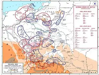 Map showing the dispositions of the opposing forces on 31 August 1939, with the German plan of attack overlaid in pink.