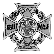 A Maltese cross with a wreath, the left half of oak and the right half of laurel leaves.; a circle at the center with rays like the sun and the Scouting fleur-de-lis; the arms bear C Z U and W A J— czuwaj is Polish for watch, the Polish Scout motto.