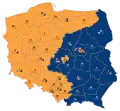 Administrative map of Poland with results of the 2007 elections to the Senate of Poland; orange: Civic Platform, navy blue: Law and Justice