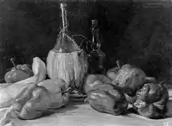 Peperoni con fiasco e bottiglia: Natura morta (Peppers with flask and bottle: still life), 1921