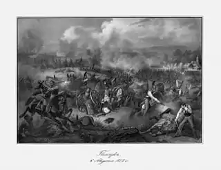 Black and white print shows Russian cavalrymen in tall helmets. In the center General Saint-Cyr's carriage is overturned while in the background there is a melee between horsemen and foot soldiers.