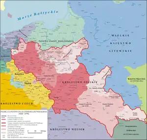 Map of Poland and Lithuania around 1333–1370, with visible Polish–Lithuanian border