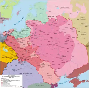 Map of Poland and Lithuania around 1386–1434, with visible Polish–Lithuanian border