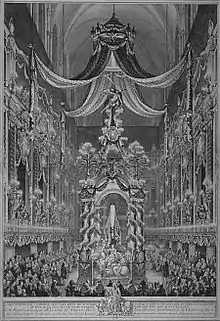 Funerary ceremony in honor of Catherine Opalińska, mother-in-law of Louis XV of France, held in 1747 at the Cathedral of Notre Dame in Paris.