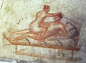 The "riding" position (Mulier equitans) was popular in ancient Roman erotic art (wall painting from Pompeii, 62–79 BC)