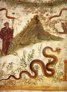 Bacchus clad with grapes, and a serpentine Agathodaimon ("good divinity"), genius of the soil around Vesuvius.