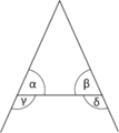 The pons asinorum or bridge of asses theorem states that in an isosceles triangle, α = β and γ = δ.