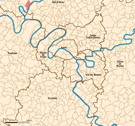 Location (in red) within Paris inner and outer suburbs