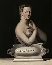 The upper body, unclothed, of a young woman carrying a thin transparent cloth. She has tight curled hair swept from her face, and is facing towards the left although her eyes look directly from the painting. A plaque in front of her carries the words "Sabina Poppea".