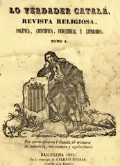 Front cover from Lo verdader catalá (The True Catalan). A man wearing barretina sitting by the Catalan shield