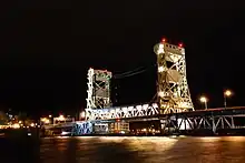 Portage Lake Lift Bridge, at night, connecting the cities of Hancock and Houghton, Michigan