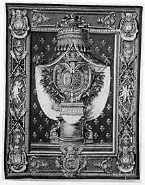 Portière with the Chauvelin arms from a set called a Chancellerie, wool and silk, designed 1679 and 1700, borders ca. 1720, woven 1728–30