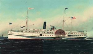 Painting of steamship from the side showing the whole ship as it steams with flags hoisted and three decks populated with riders.