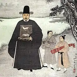 Painting of a bearded man dressed in dark robes (on the left), with two much smaller young men, one wearing his hair in a top-knot and carrying something rolled in red piece of cloth. The background is a winter scene.