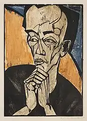 Erich Heckel, Portrait of a Man, 1918, color woodcut, over zincograph, in green, blue, ochre and black on paper