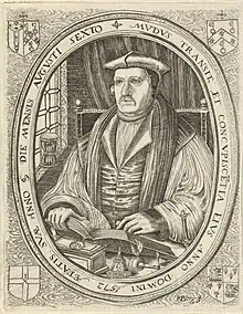 A Tudor clerk sits at a table in a print portrait