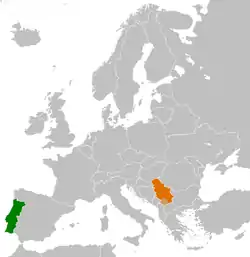 Map indicating locations of Portugal and Serbia